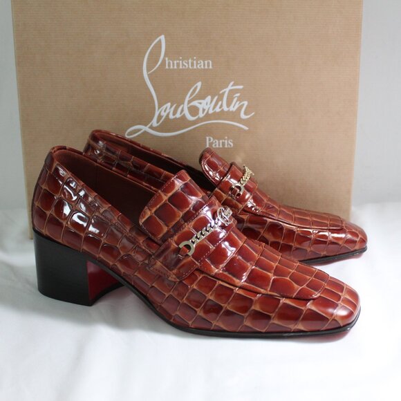 NWOB Christian Louboutin Croc Acajou Square Toe Pumps Red Bottom Loafers 40 - Picture 1 of 7